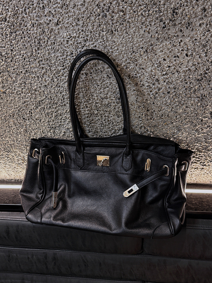 Classic Slouchy Pebbled Leather Shoulder Tote Bag with Belt Detail
