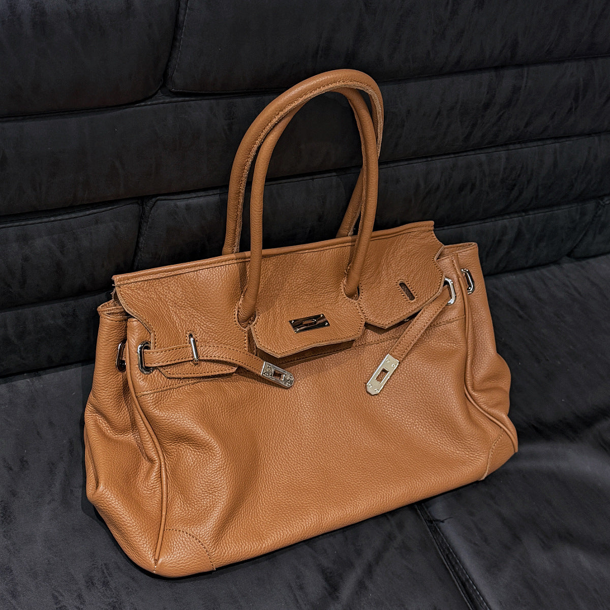 Classic Slouchy Pebbled Leather Shoulder Tote Bag with Belt Detail