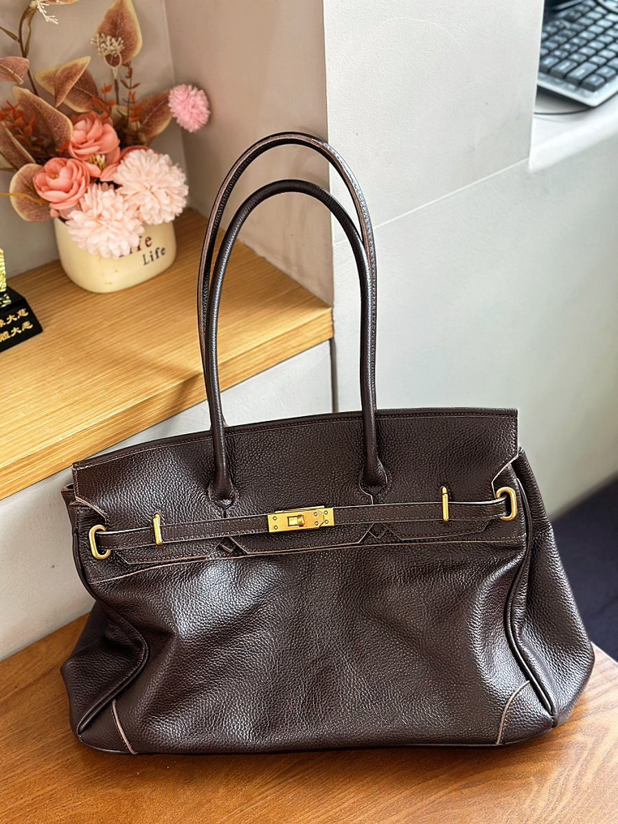 Classic Slouchy Pebbled Leather Shoulder Tote Bag with Belt Detail