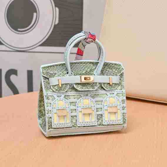Miniature Architectural Leather Bag Charm with Twilly Accent