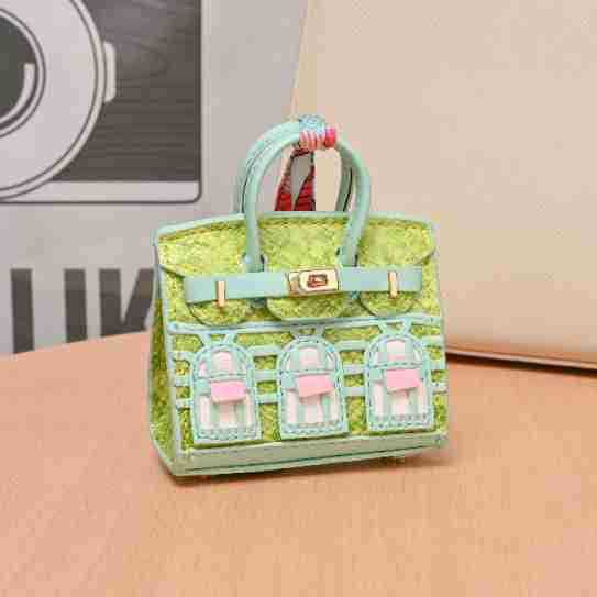Miniature Architectural Leather Bag Charm with Twilly Accent