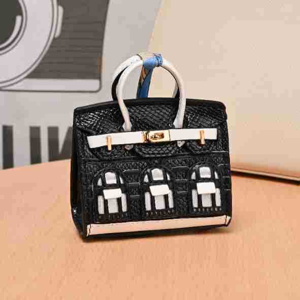 Miniature Architectural Leather Bag Charm with Twilly Accent