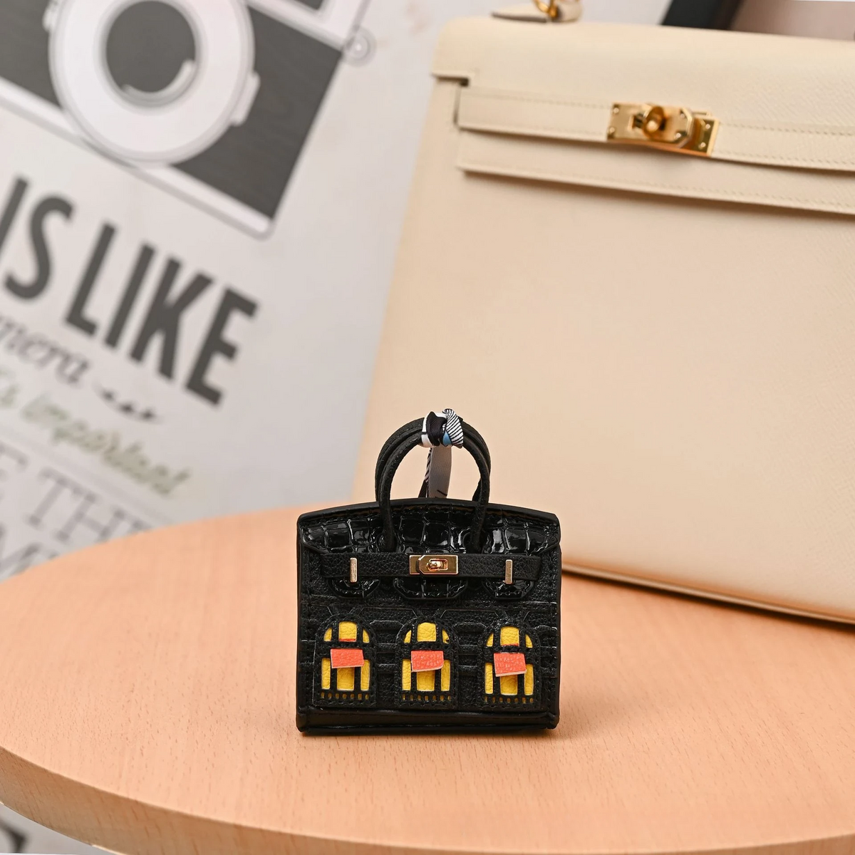 Miniature Architectural Leather Bag Charm with Twilly Accent