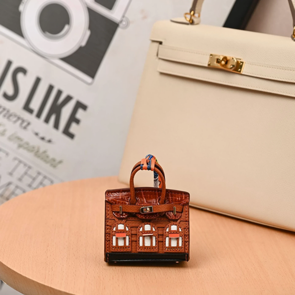 Miniature Architectural Leather Bag Charm with Twilly Accent