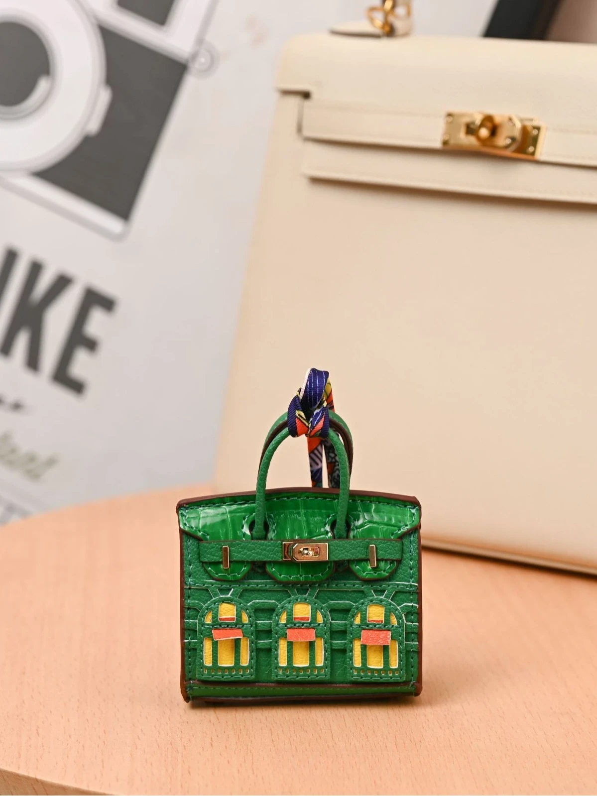 Miniature Architectural Leather Bag Charm with Twilly Accent
