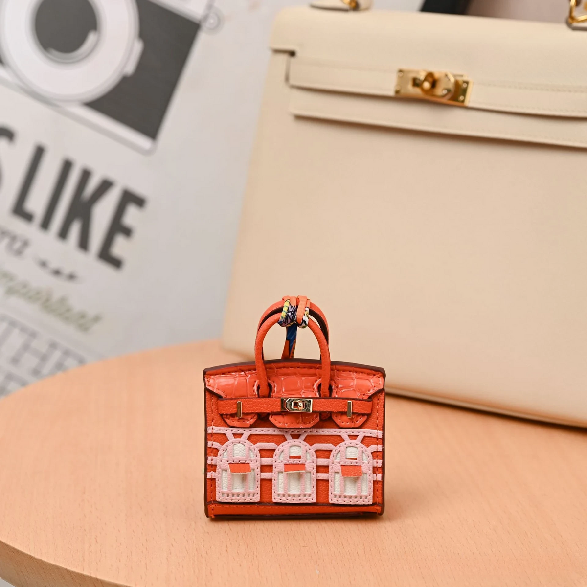Miniature Architectural Leather Bag Charm with Twilly Accent
