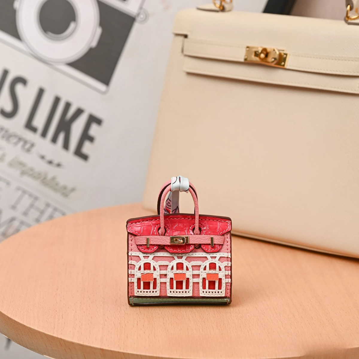Miniature Architectural Leather Bag Charm with Twilly Accent