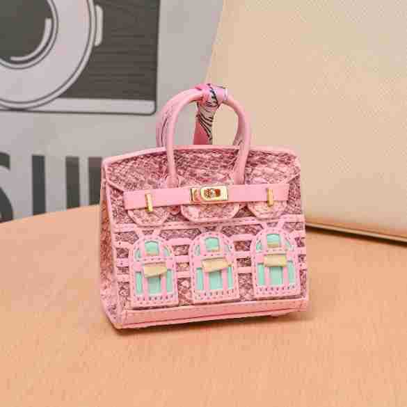 Miniature Architectural Leather Bag Charm with Twilly Accent