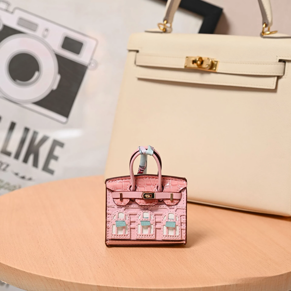 Miniature Architectural Leather Bag Charm with Twilly Accent