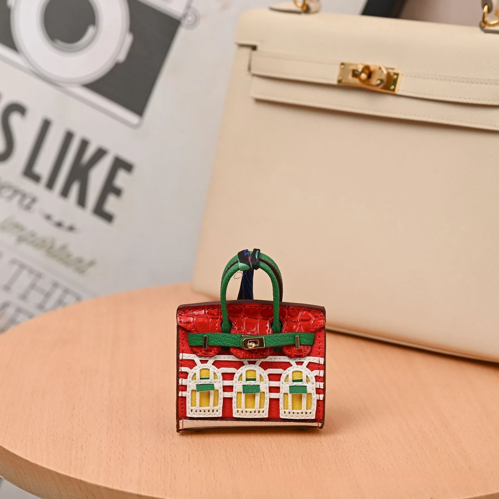 Miniature Architectural Leather Bag Charm with Twilly Accent