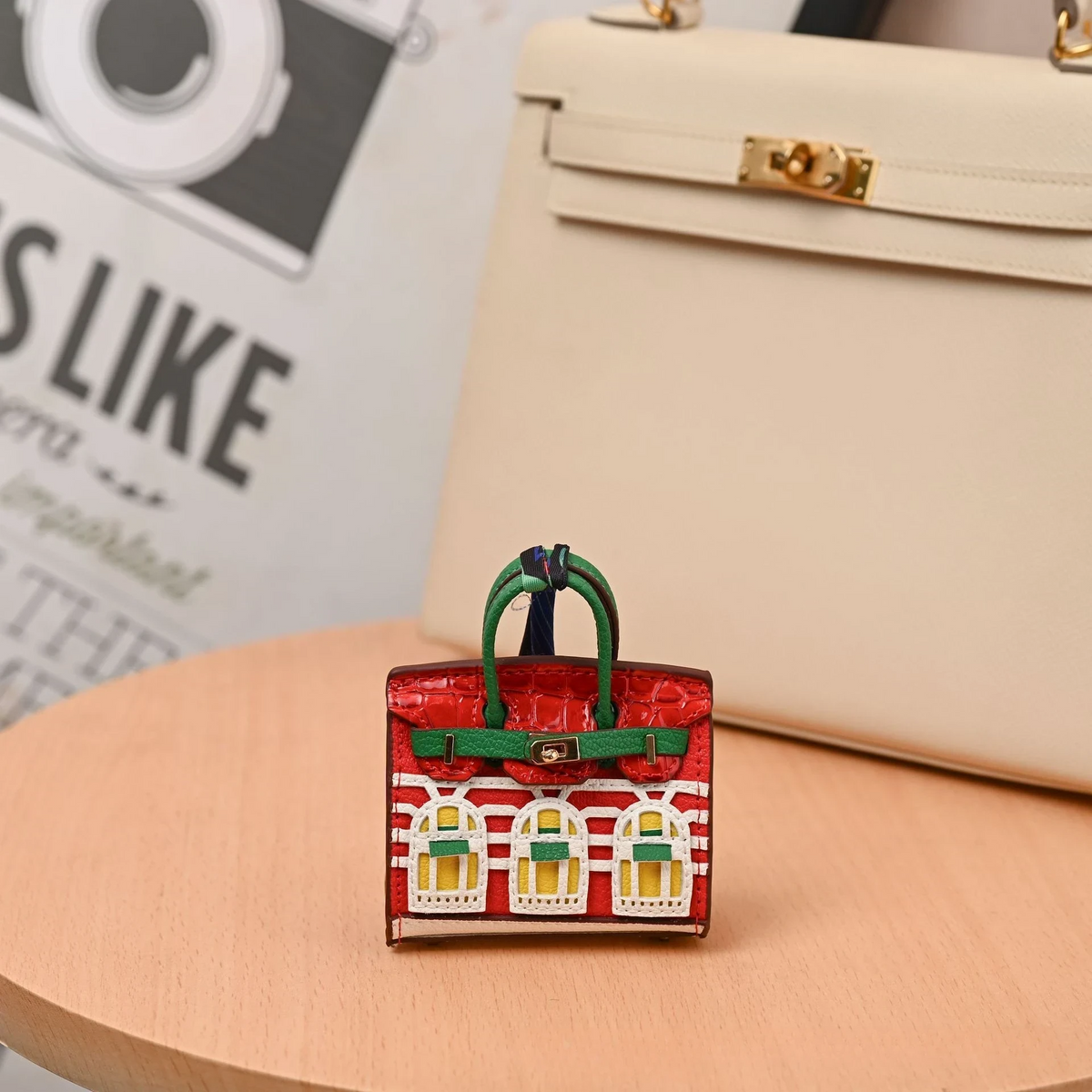 Miniature Architectural Leather Bag Charm with Twilly Accent