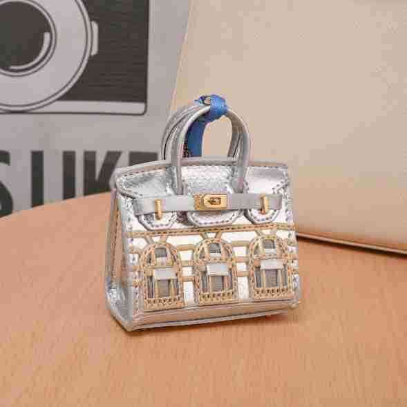 Miniature Architectural Leather Bag Charm with Twilly Accent