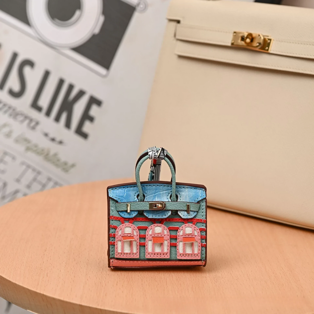 Miniature Architectural Leather Bag Charm with Twilly Accent