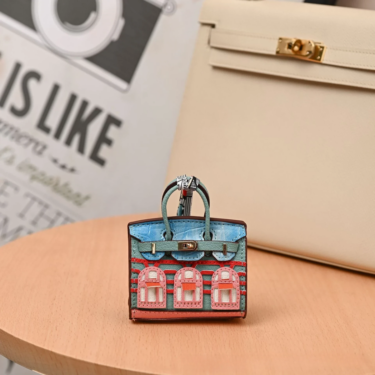 Miniature Architectural Leather Bag Charm with Twilly Accent
