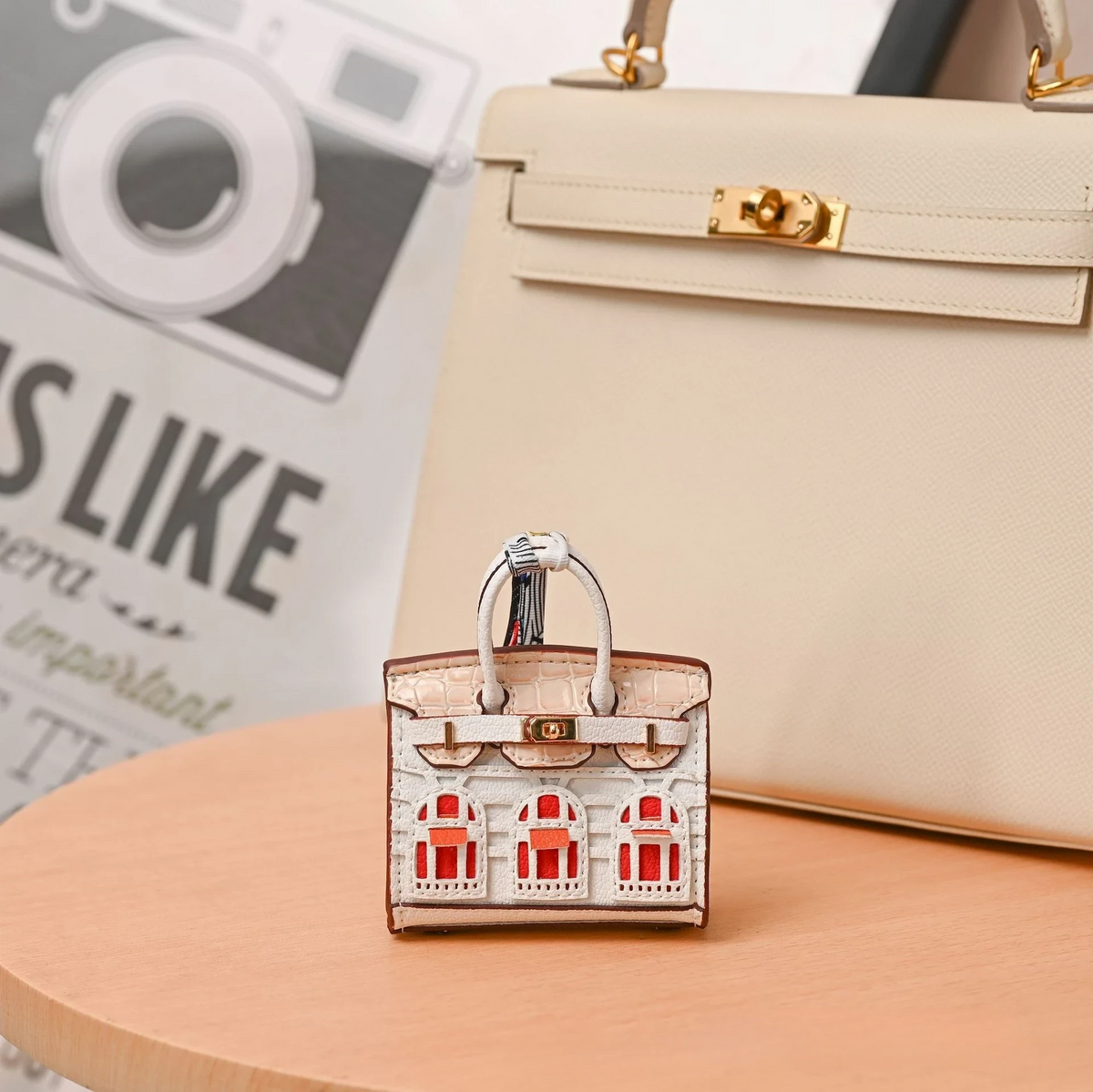 Miniature Architectural Leather Bag Charm with Twilly Accent