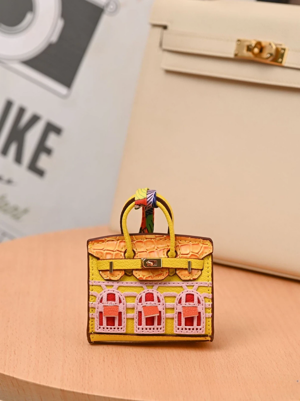 Miniature Architectural Leather Bag Charm with Twilly Accent